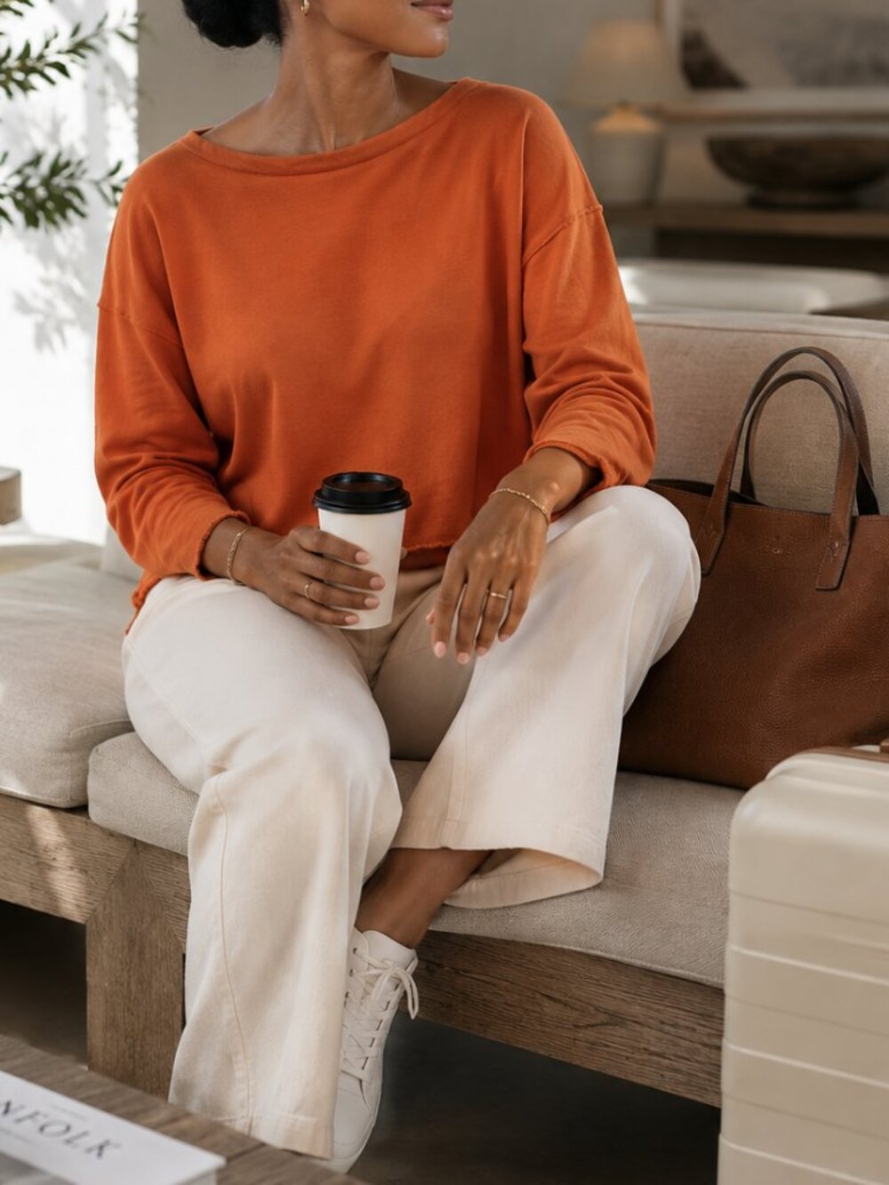 Eileen Fisher Organic Cotton Terry Sweatshirt Medium Orange Raw Hem Pullover Top
